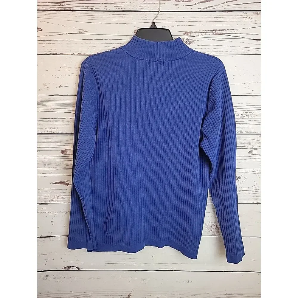 Appleseed's Blue High Neck Silk Blend Ribbed Pullover‎ Sweater Womens Size Large